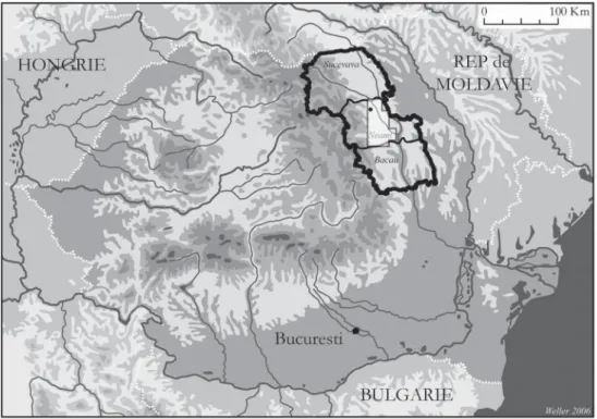 Figure 1. Approche multiscalaire du territoire. De la zone d’étude générale (départements de Suceava,  Neamt et Bacau) au site d’exploitation du sel (Poiana Slatinei à Lunca-Vanatori Neamt) en passant par la  zone sous-carpatique du Neamt.