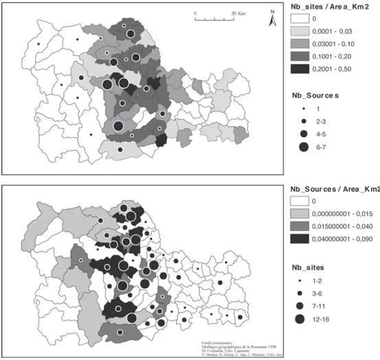 Figure 2. Distribution des sources et des établissements archéologiques (6 000-3 500 BC) relevés au GPS ou  pointés dans la zone sous-carpatique du Neamt