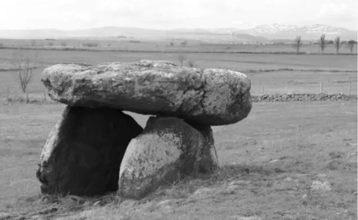Fig. 3 : Le dolmen de Touls (Coltines), localisé sur le versant d’un vallon, offrant une large vue sur les environs