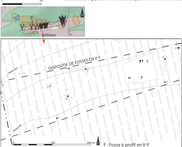 Fig. 5 - Plan du grand dispositif de piégeage de  Bétheny et détail sur le lieu-dit «  les Ecavés  »