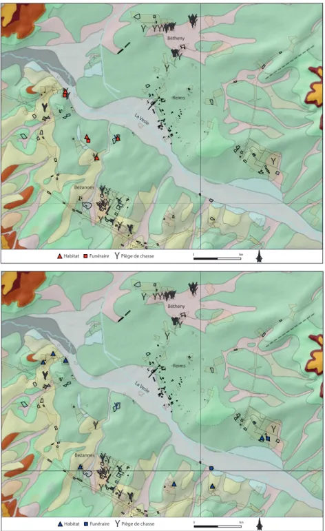 Fig. 6 - Localisation des sites néolithiques et  des pièges de chasse dans la moyenne vallée  de la Vesle