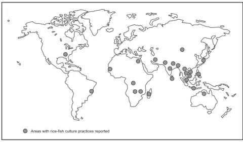 Figure 20. Map of the world showing areas where rice-fish and/or rice-crustacean farming is practiced.