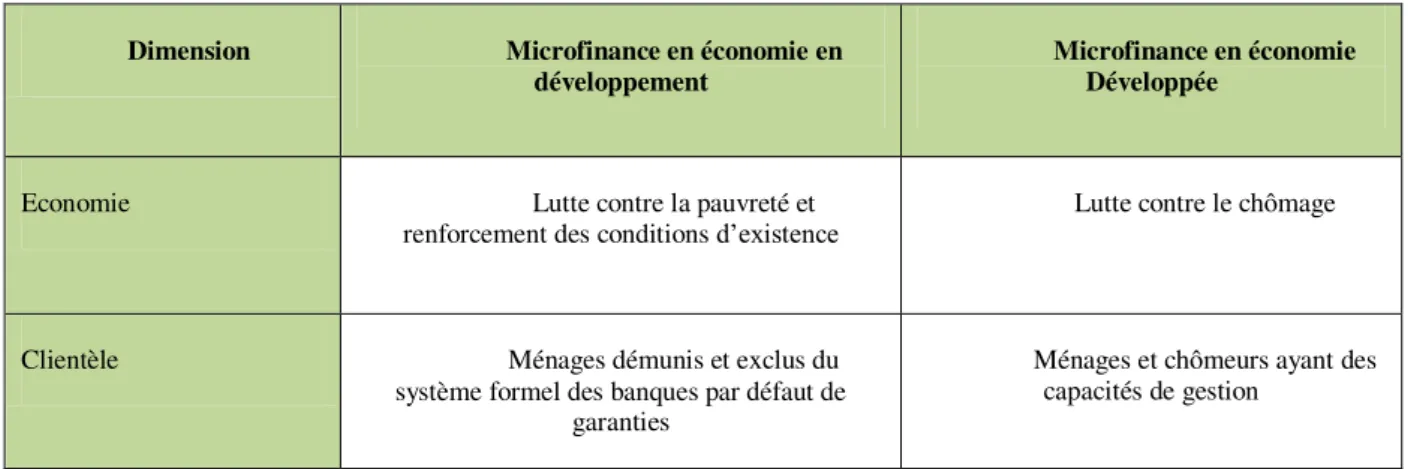 Tableau 1 : Comparaison de la microfinance dans les pays en développement et développés  