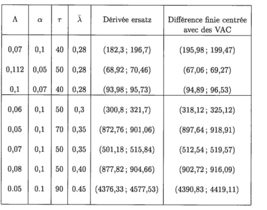 TAB. 3.1 — Estimation de la dérivée 6WB/A : comparaison entre la dérivée ersatz et la différence finie lorsque le processus d’ouverture des connexions est un processus de Poisson et {Y} Exponentielle(1/r)