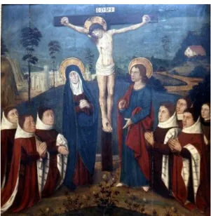 Tableau :  Le  Christ en croix entre la Vierge et saint Jean accompagnés de sept donateurs agenouillés, panneau peint sur   bois,   XVI e   siècle,   classé   au   titre   des   monuments historiques le 24 février 1910.