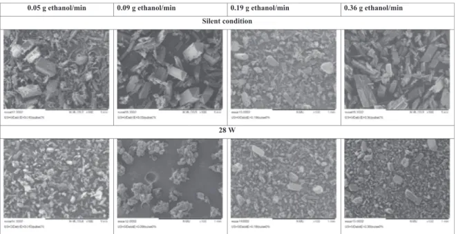 Fig. 5. SEM images of resulting crystals obtained with diﬀerent addition rates and a mass ratio of ethanol of 0.05 g ethanol/g water.