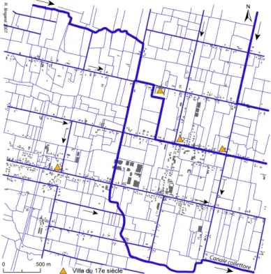 Fig. 2 – Diffusion de la forme et de l’orientation de la centuriation de  Camposampiero par le réseau de drainage de la basse plaine