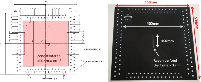 Figure 3 – Partie supérieure du caisson central (à gauche)  et Eprouvette composite entaillée (à droite) 