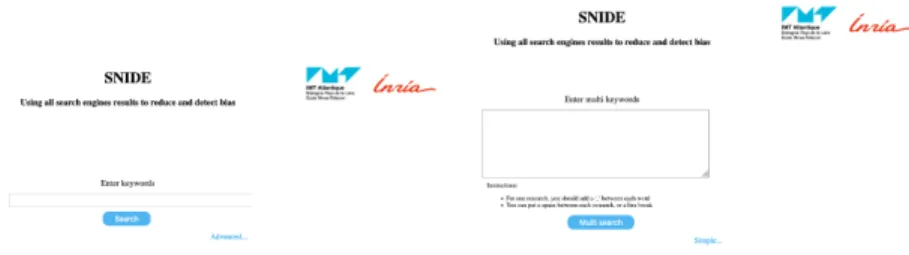 Figure 2: Home page of the website https://snide.irisa.fr/ (left), and for multiple searches (right) when clicking on “advanced”