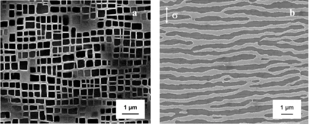 Figure 2. As-received (a) and rafted (b) microstructures of MC2 alloy (g’-phase in dark) 1 µm