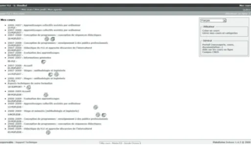 Figure 1 : Copie d’écran à partir de la page d’un enseignant-tuteur de la plateforme du Master  FLE de l’université Stendhal de Grenoble mettant en évidence le stockage des forums depuis 