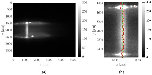 Figure 10. Post-processing procedure for detecting the initial position of the tagged line: (a) raw image  of acetone early emission and (b) fitting of the maximum intensity along the y-coordinate detected in  the region of interest
