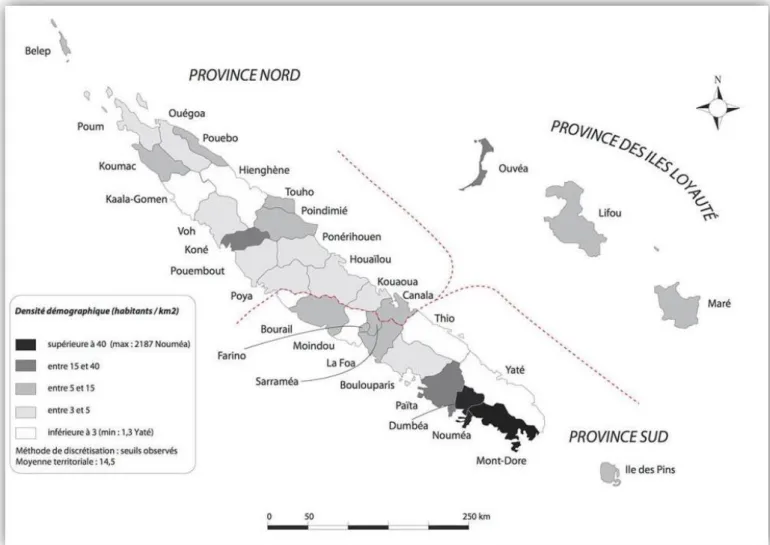 Figure 2 : Les provinces et les communes de Nouvelle-Calédonie, avec indication des  densités de population en 2014