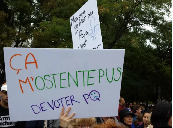 Figure 2 : Le verbe « s'ostenter »! Une pancarte lors de la manifestation du 14 septembre 2013 contre la CVQ 