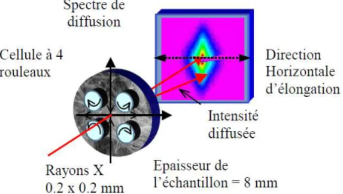 Figure 7. Représentation schématique de la cellule  d’écoulement d’élongation et de caractérisation in-situ par 