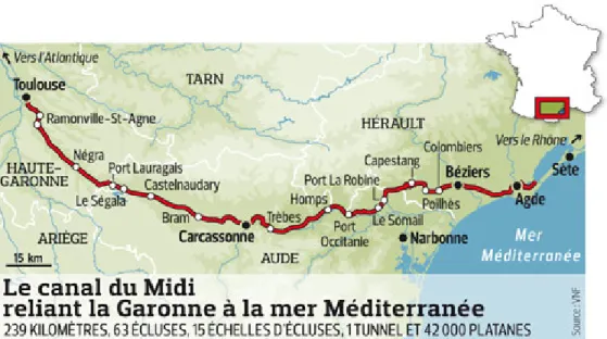 Figure 1 : Trajet du canal du Midi