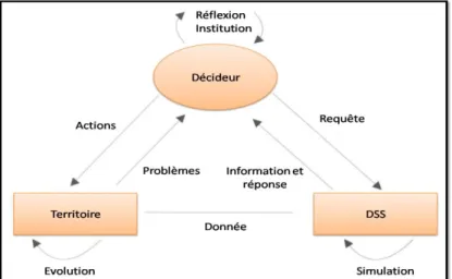 Figure 1.5. Relations entre les décideurs, le territoire et le DSS [Laurini 2002]. 