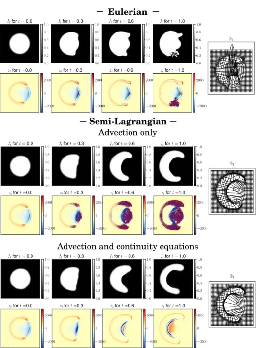 Fig. 1. Comparison between the stability of the 3 geodesic shootings schemes proposed for LDDMM In each row, we show four intermediary shooting steps with the same initial z 0 and RKHS for v