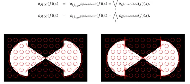 Figure 5: Comparison of the elliptical structuring elements A t (x) provided by the single orientation vector field (SOVF) of Fig.2(a), and the elliptical structuring elements A t (x) provided by the multiple orientation vector field (MOVF) of Fig