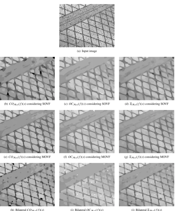 Figure 8: Comparison of adaptive morphological filters. The first row shows the input image where the 5% of its pixels has been corrupted by impulsive noise.The second row shows the filtered images using operators based on a single orientation vector field