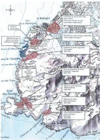 Figure 1 : Carte des pollutions industrielles entre la madrague de Montredon et la calanque de Callelongue,  d’après Lasalle, 2007, p