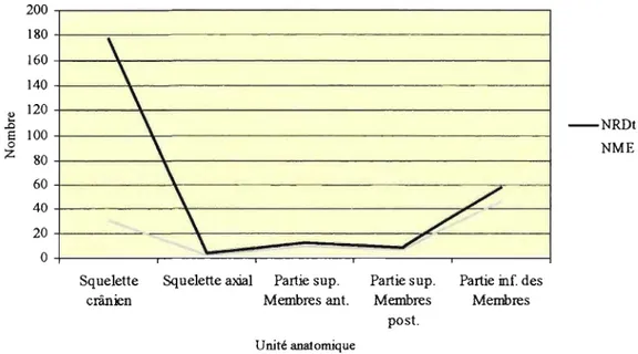 Figure 19.  Représentation des  unités  anatomiques de la Saïga tatarica en NRDt et en NME de  l'unité G  du site de Siuren-L 