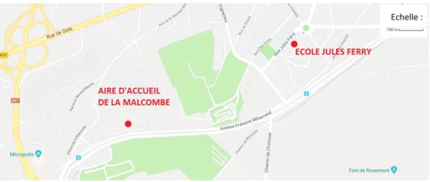 Figure 5 : Localisation de l'aire d'accueil de la Malcombe par rapport à l'école Jules Ferry, modifiée d'après une prise de  vue GoogleMaps