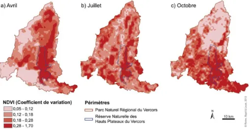 Figure 9 – Coeﬃcients de variation mensuels du NDVI (selon la méthode des quantiles, calculés sur la période 1998-2009) : a) en avril ; b) en juillet ; c) en octobre.Figure 9 : Monthly NDVI coeﬃcients of variation (using the quantile method, calculated ove