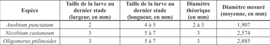 Tableau I. – Taille des larves xylophages (largeur et longueur) et diamètre des galeries (mesures issues de la littérature :  L epesMe , 1944 ; D iroL  &amp; D egLise , 2001 ; F ravaL , 2008 ; base INRA), comparés aux diamètres mesurés lors de l’étude