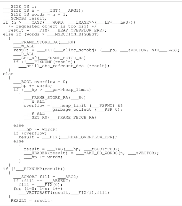 Figure 2.3 – Code C de ##vector ___SIZE_TS i; ___SIZE_TS n = ___INT(___ARG1); ___SIZE_TS words = n + 1; ___SCMOBJ result; if (n > ___CAST(___WORD, ___LMASK>>(___LF+___LWS))) /* requested object is too big! */