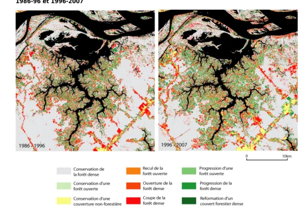Figure 10 – Dynamiques d’utilisation du sol autour du Lago Janauaca pour les décennies 1986-96 et 1996-2007
