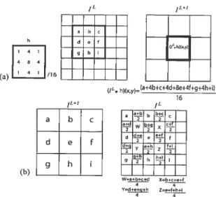 FIG. 1.1 — (a) The pyramid level 1L+1 is obtained after convoluting with h and decirnating L by a factor 2 in each dimension