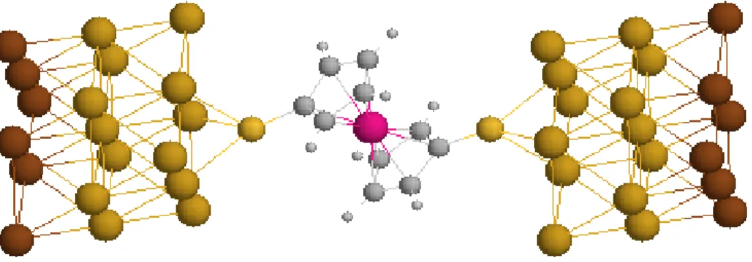 Figure 2.2: Finite cluster model of a molecular quantum dot. The cobaltocene molecule is attached to ﬁnite gold clusters via sulfur atoms