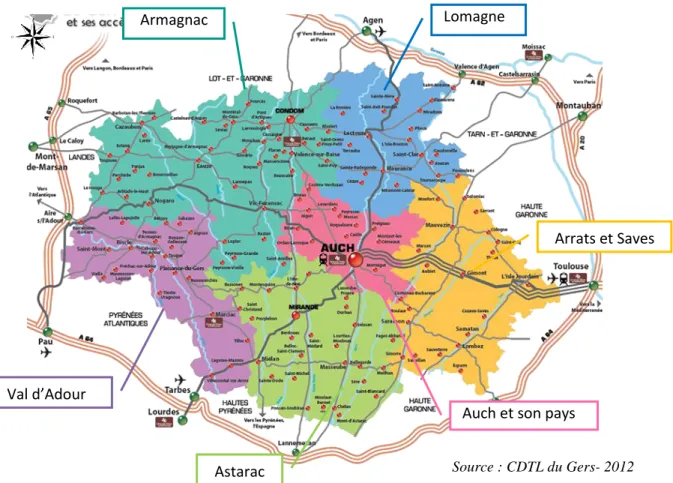 Figure   2 : Carte générale du Gers et ses territoires touristiques 