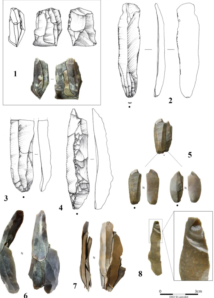 Fig. 9 - Nucléus et produits raccordés (1), lame « utilisée » (2), fragment proximal de lame (3), lame à crête (4), raccord de 2  microburins en silex opaque (5), remontage d’une production bipolaire de courtes lames (6), remontage d’une production  unipol