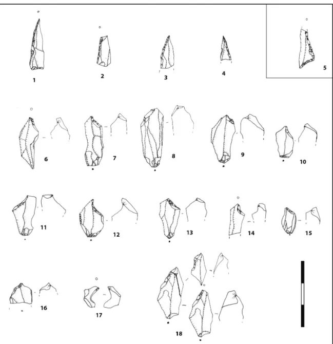Fig. 10 - Pointe à base retouchée atypique (1), pointe de Chaville (2), fragments pointus d’armature (3, 4), triangle en marge  de la zone principale (5), microburins (6 à 17), raccord entre un microburin proximal et un microburin Krukowski (18) (T
