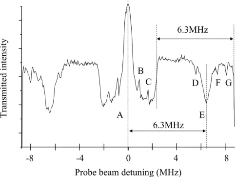 Figure  8  hole-burning  transmission  spectrum  for  measuring  γ y .  Same  configuration  as  in  Figure  7  but  the  sample  is  immersed  in  superfluid  helium