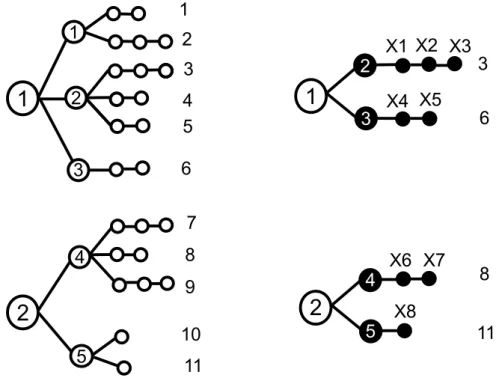 Figure 1: Illustration for definitions in Table 1. τ = 2; left section of the Figure shows possible co- co-mRNAs and multi-locus patterns: q = 5; C 1 = {1, 2, 3}, C 2 = {4, 5}; M 1 = {1, 2}, M 2 = {3, 4, 5}, M 3 = {6}, M 4 = {7, 8, 9}, M 5 = {10, 11} - rig