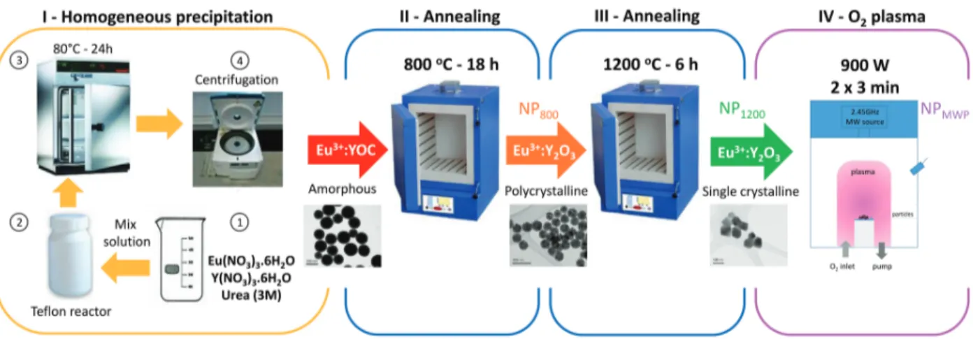 Figure 1: Schematic representation of the synthesis and post-treatment strategy. The ho- ho-mogeneous precipitation synthesis is here described in four steps: (1) Preparation of the rare-earth nitrates and urea aqueous solutions