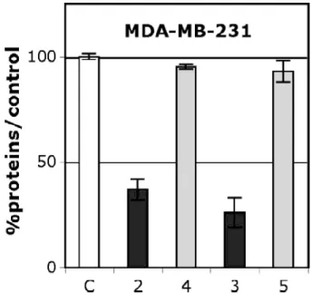 Fig.  3.  Effect  of  1  µM  of  the  ferrocenyl  aniline  2  and  acetanilide  3  and  of  their  corresponding  purely  organic  molecules  4  and  5  on  the  growth  of  MDA-MB-231  (hormone-independent  breast  cancer  cells)  after  5  days  of  cult