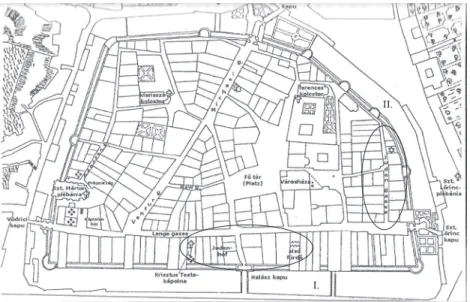 Fig. 2 Pressburg (Bratislava, Pozsony), locations connected to the settlement of the Jews  (research and drawing: Judit Majorossy, Majorossy 2005, p. 263)