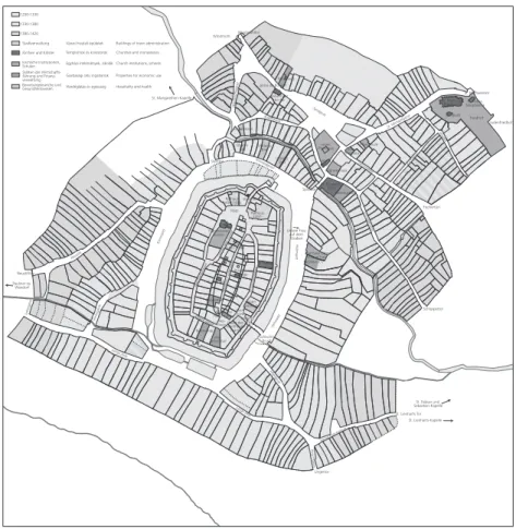 Fig. 3 Sopron, burgage plots and public buildings in the fourteenth and fifteenth century  with the Judengasse marked