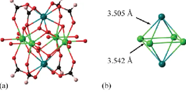 Figure  13.  (a)  Representation  of  the  Zr 6   cluster  geometry  found  in  the  zirconium  formate  compound  Zr 6 O 4 (OH) 4 (HCOO) 8 