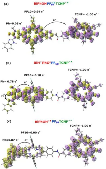 Figure 3. (a) Spin density plot for the electron transfer product (Bi-PhOH-PF 10 + ∙  -TCNP  - ∙ ) in the broken symmetry  approximation