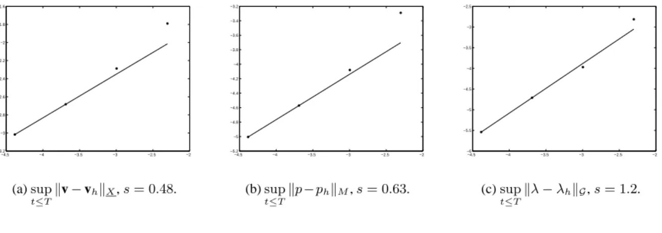 Figure 7: Numerical error on v, p and λ versus the discretization step.