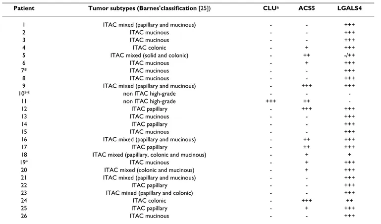 Table 3: LGALS4, ACS5 and CLU expression in 26 sinonasal adenocarcinomas (IHC analysis).