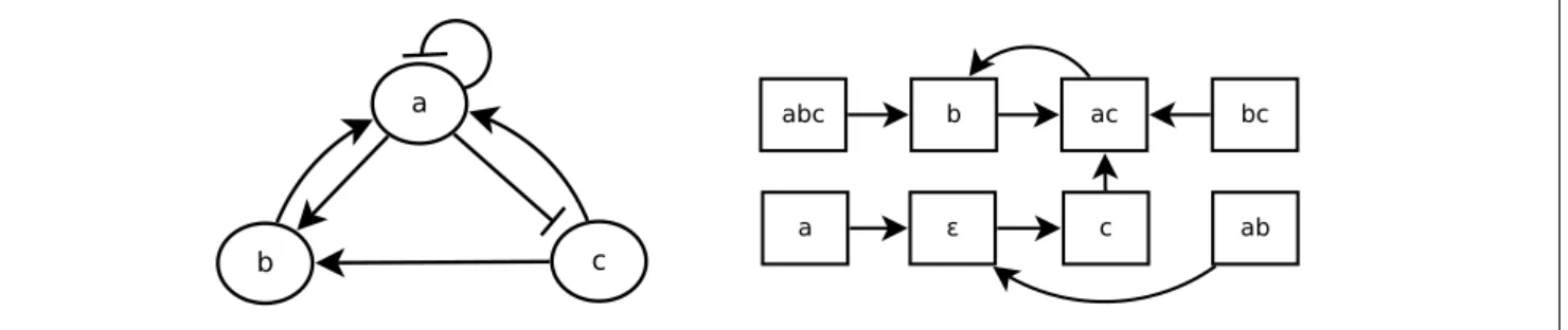 FIGURE 2 | A Boolean network B 1 (left) and its state transition diagram (right).