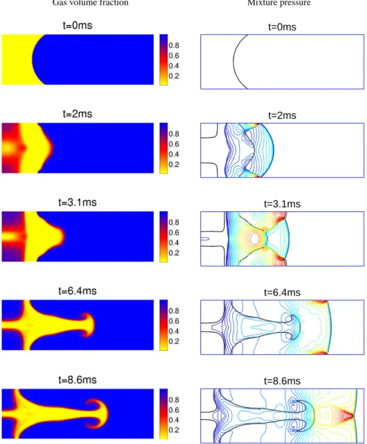 Figure 4: Numerical results for the cavitating Richtmyer–Meshkov instability experiment