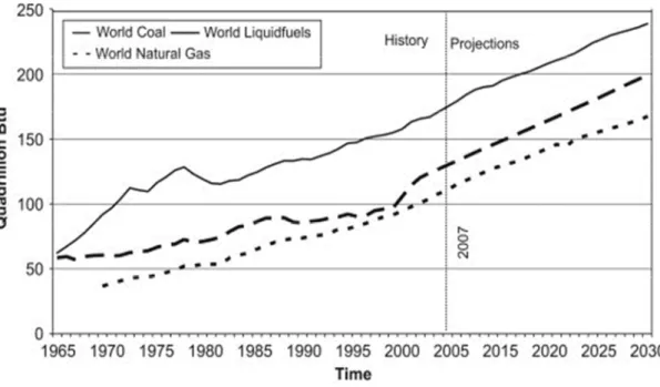 Figure 1.1: Consumption of the fossil fuel in the world from 1965 to 2030 (Shafiee and Topal, 2009)