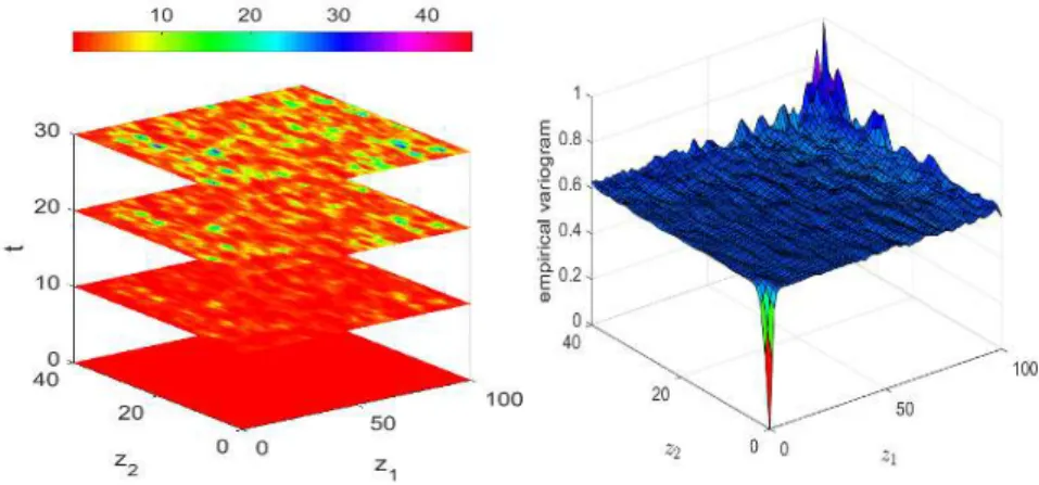 Figure 7: Left: one realization of G t (·), right: experimental variogram of Y .